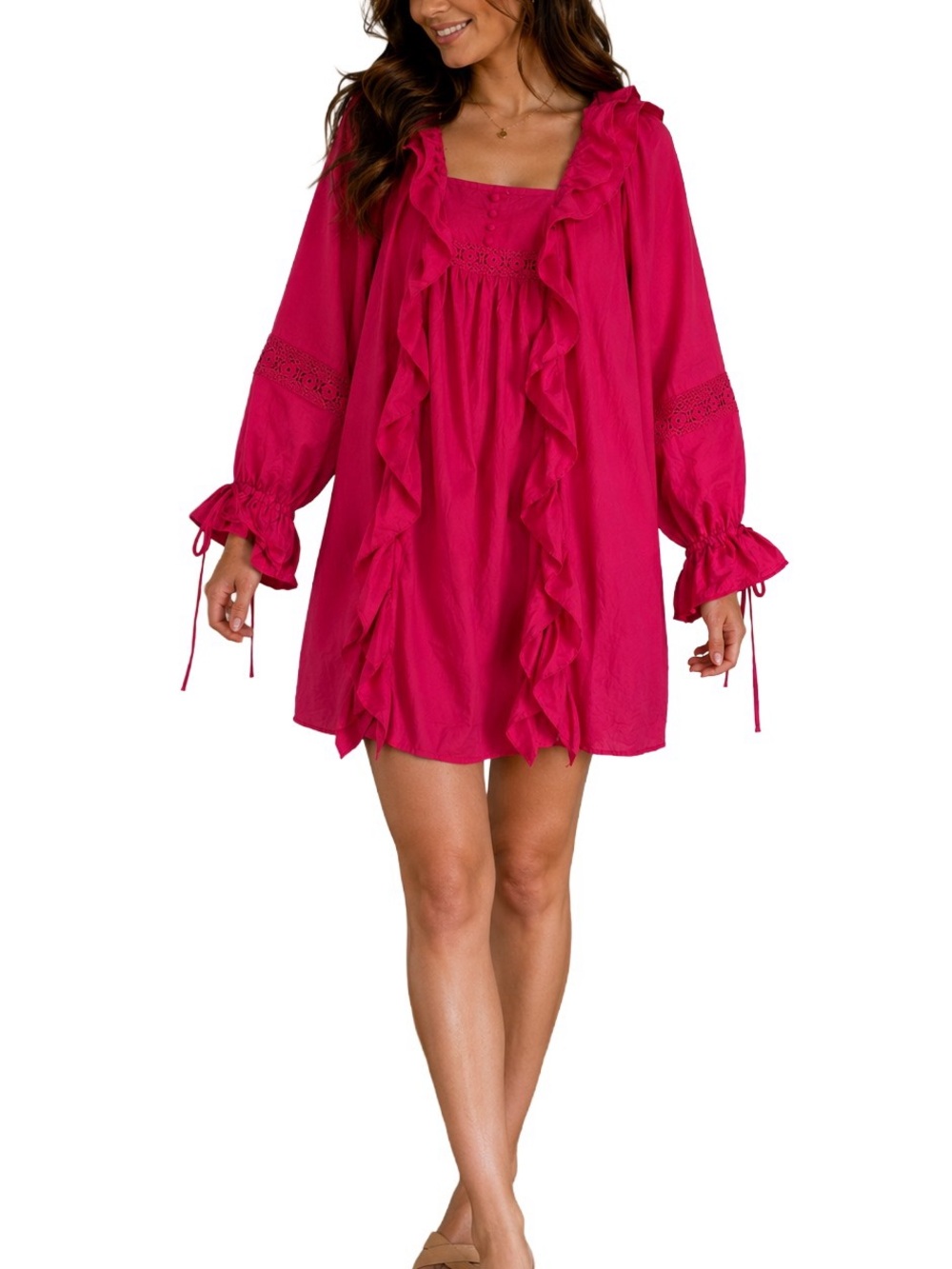 NEW-CQ by CQ Pink Ruffled Eyelet Lace Long Dolman Sleeves Mini Boho Dress SM